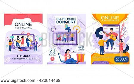 Set Of Illustrations About Musicians Give Concerts. Video With Creative People Performing Songs And 