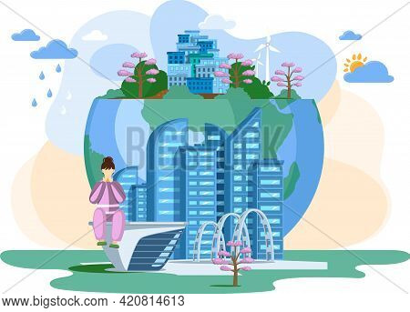 Woman Sitting Near Globe With Windmills Analysing Worldwide Situation, Worried About Global Warming 