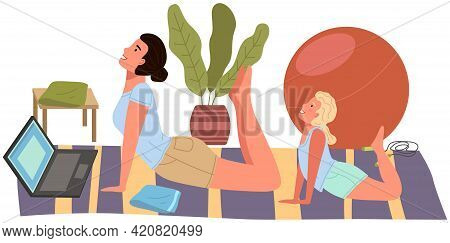 Young Woman Working Out Doing Exercises At Home. Girl Doing Yoga On Mat. Sportswoman Stretches In Ap