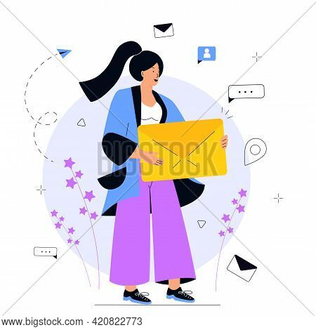Girl Holds Huge Envelope. E-mail Marketing Concept. Advertising Media, Target Consumers, Invite Peop