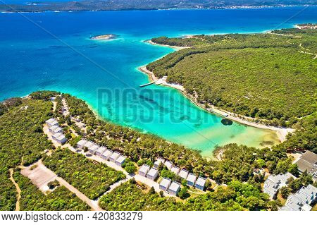 Crvena Luka Turquoise Beach And Vransko Lake Aerial View, Dalmatia Region Of Croatia