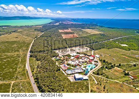 Adriatic Sea And Vransko Lake Aerial View Near Crvena Luka, Town Of Pakostane, Dalmatia Region Of Cr