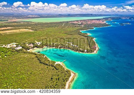 Crvena Luka Turquoise Beach And Vransko Lake Aerial View, Dalmatia Region Of Croatia