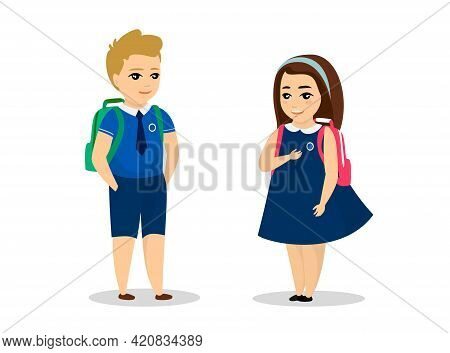 Schoolboy And Schoolgirl Stand In Blue Uniform. Cute Cartoon Smiling Male And Female Schoolchild Wit