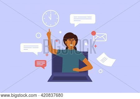 Angry Woman Boss Pointing To Deadline On Clock. Working Chat, Email Notice, Office Stress, Burning T