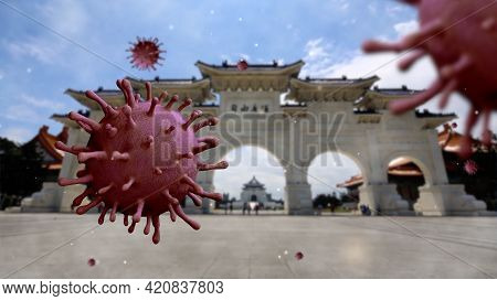 3D Illustration Flu Coronavirus Floating On Memorial Hall Taipei. Taiwan Covid19