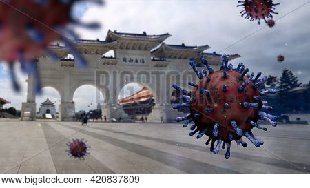 3D Illustration. Taipei Paifang Memorial Hall And Coronaviruses Pandemic. Covid