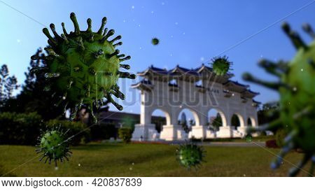 3D Illustration Covid 19 Memorial Hall Taipei. Paifang Gate And The Virus Taiwan