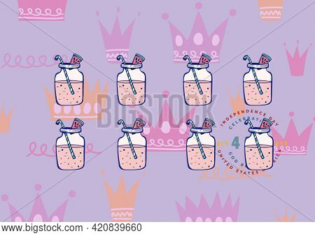 Composition of 4th of july text summer cocktails on crowns patterned purple background. independence day, summer and holiday concept digitally generated image.