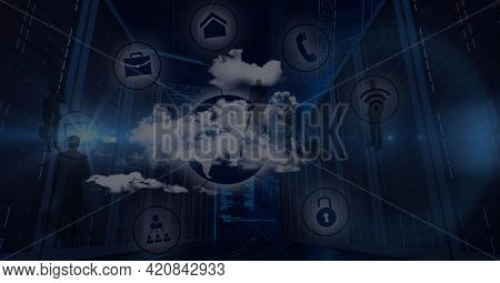 Composition of online digital icons over people silhouettes and computer servers. global online business, networking and digital interface concept digitally generated image.