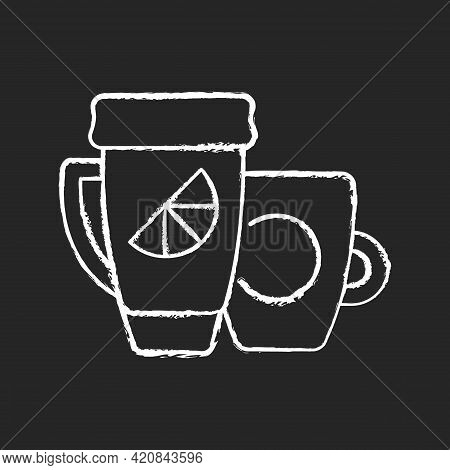 Branded Cup And Thermal Cup Chalk White Icon On Black Background. Unique Stylish Conteiner For Drink