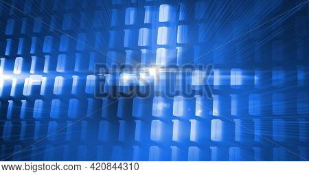 Composition of binary coding on glowing blue background. global networks and digital interface concept digitally generated image.