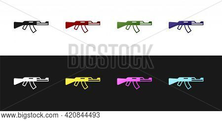 Set Submachine Gun Icon Isolated On Black And White Background. Kalashnikov Or Ak47. Vector