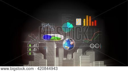 Statistical data processing over 3d city model against grey background. architectural and engineering technology concept