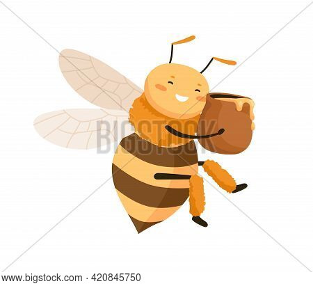 Happy Cute Bee Holding And Hugging Clay Pot With Honey. Smiling Adorable Honeybee With Sweet Funny F