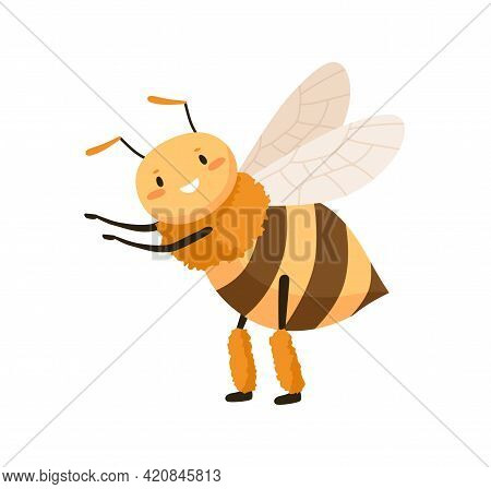 Cute Happy Honey Bee Dancing And Pointing At Smth With Small Paws. Funny Adorable Smiling Honeybee. 