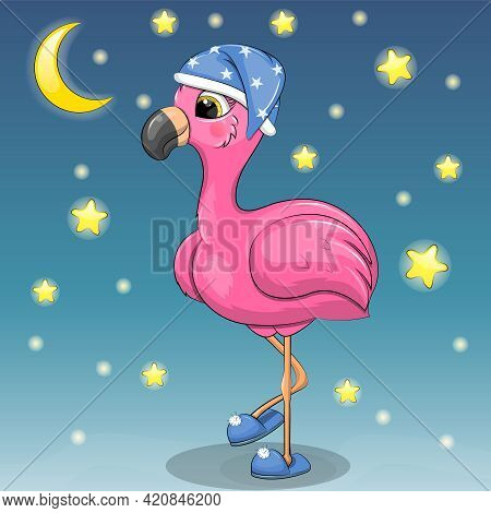 Cute Cartoo Pink Flamingo In Night Cap And Slippers. Night Vector Illustration With Moon And Stars.