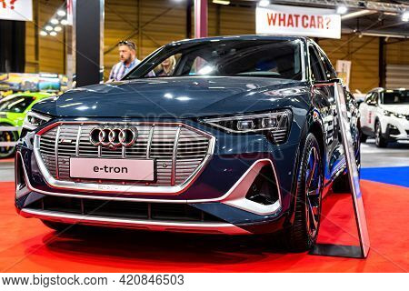 Riga, Latvia, Sep 25, 2020: New Audi E-tron Premiere At A Motor  Show, 2020 Model, Front View