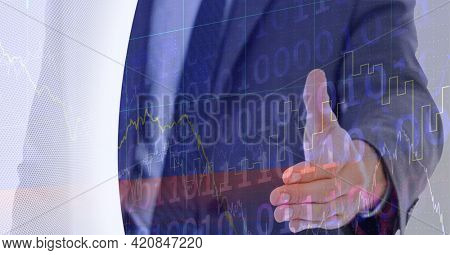 Stock market data processing against mid section of businessman approaching for a handshake. global finance and business concept
