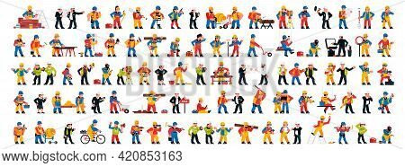 Set Of People Working In The Construction Industry. Men And Women With Professional Power Tools. Eng
