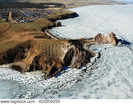 Beautiful Aerial View Of The Village Of Khuzhir, Cape Burhan Or Shamanka Rock, Olkhon Island. Lake B