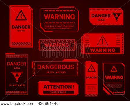 Hud Danger Zone, Warning And Alert Attention Red Signs. Vector Caution Keep Out, Death Hazard, Do No