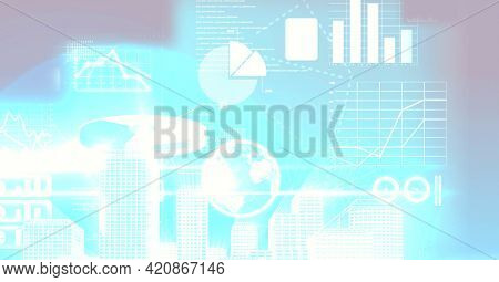 Composition of digital data processing over glowing blue background. digital interface and data processing concept digitally generated image.