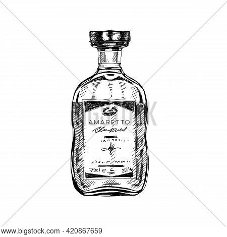 Amaretto Bottle, Retro Hand Drawn Vector Illustration.