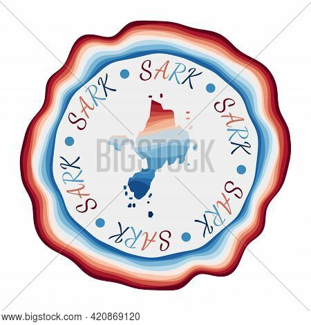 Sark Badge. Map Of The Island With Beautiful Geometric Waves And Vibrant Red Blue Frame. Vivid Round