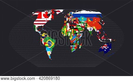 World Map With Flags. Eckert Vi Projection. Map Of The World With Meridians On Dark Background. Vect