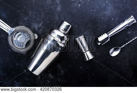 Steel Bar Tools And Accessories For Making Cocktail. Shaker, Jigger, Strainer, Spoon, Tongs, Muddler