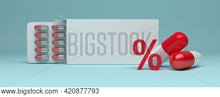 Medical Wide Banner Mockup Template With Blank Box, Red White Pills Blister And Percent Sign On Blue