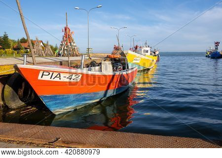 Krynica Morska, Poland - May 15, 2021: Fishing Boats Docked In Port Of Krynica Morska On Vistula Spi