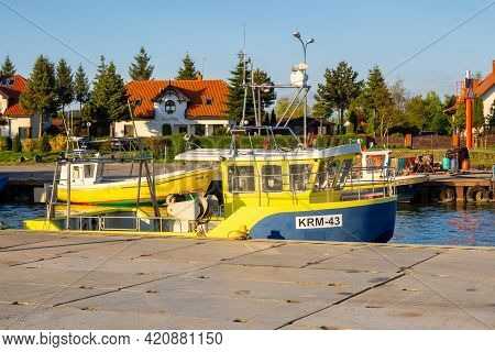 Krynica Morska, Poland - May 15, 2021: Fishing Boat Docked In Port Of Krynica Morska On Vistula Spit