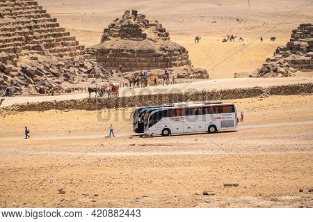 Cairo, Egypt - May 18 2021: Tourist Excursion Bus Of The Tour Operator Anex Tour, Brought Tourists T