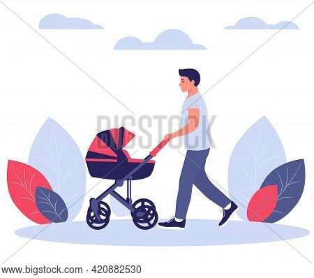 Happy Young Dad Walks With A Baby Stroller. Concept For Fathers Day. Vector Illustration In A Flat S