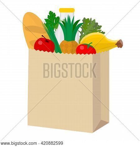 Paper Bag With Food. Grocery Delivery Concept. Vector Illustration In Cartoon Style.