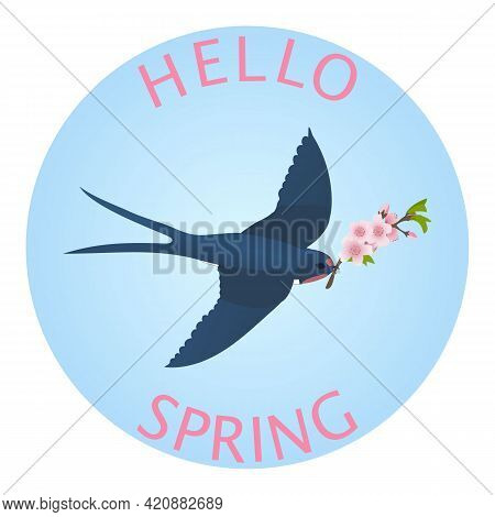 Spring Background, Greeting Card With A Swallow Flying In The Sky With A Twig Of Blooming Apple Tree