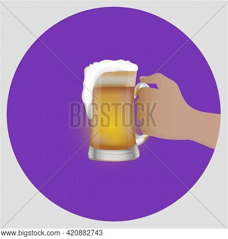 Mug Of Beer In Hand On A Turquoise Background. Oktoberfest Banner. Bar Menu Illustration. Vector.