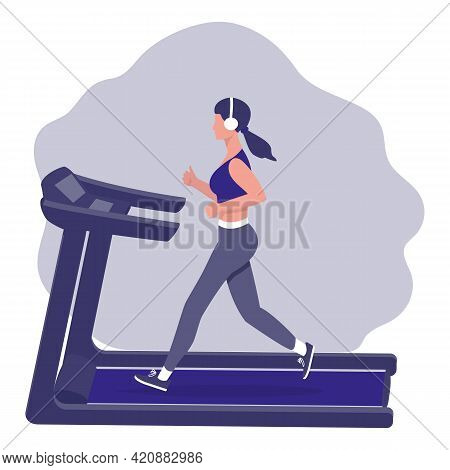 Image Of A Girl On A Treadmill. The Concept Of Cardio Exercise On Simulators. Vector.