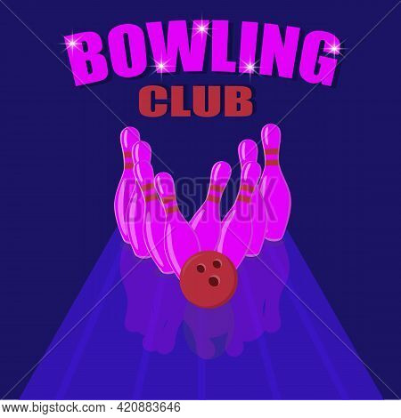 Bowling Purple Pins And Red Ball. Realistic Objects For Banner, Poster, Flyer, Postcard, Label. Vect