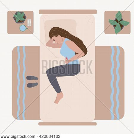The Woman Lies With A Stomach Ache. Menstrual Pain, Pain In Diseases Of The Abrasive Cavity Organs. 