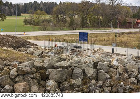 Close Up View Of Construction Imploding Works On Rocky Terrain. Sweden.