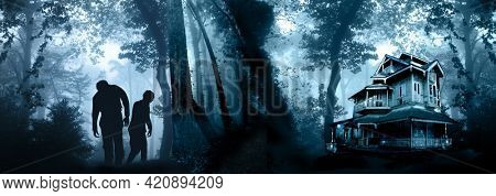 Horizontal Halloween banner with haunted house. Old abandoned house in the night forest. Scary colonial cottage in mysterious forestland. 3d render