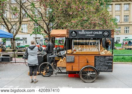 Prague, Czech Republic - May 15, 2021.traditional Farmers Market In Quarter Of Dejvice. Seller And C