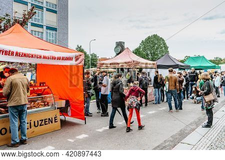 Prague, Czech Republic - May 15, 2021.traditional Farmers Market In Quarter Of Dejvice. Seller And C