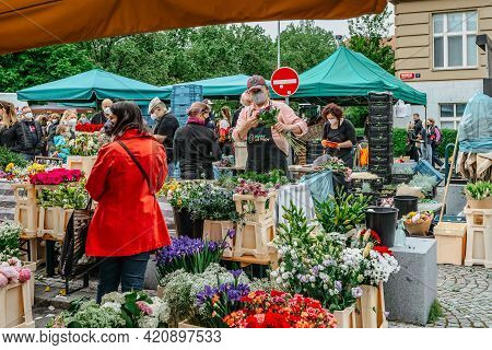 Prague, Czech Republic - May 15, 2021.traditional Farmers Market In Quarter Of Dejvice. Seller And C