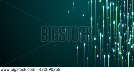Abstract Vertical Line Beams Speed Motion Concept. Tech Neon Teal Light Particles.