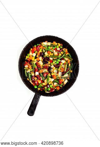Vegetable Mix In Authentic Pan On White Background. Environmentally Friendly Menu Or Eat Less Meat. 