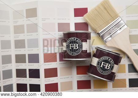 London, Uk - May 2021: Farrow And Ball Luxury Paint Brand Sample Pots